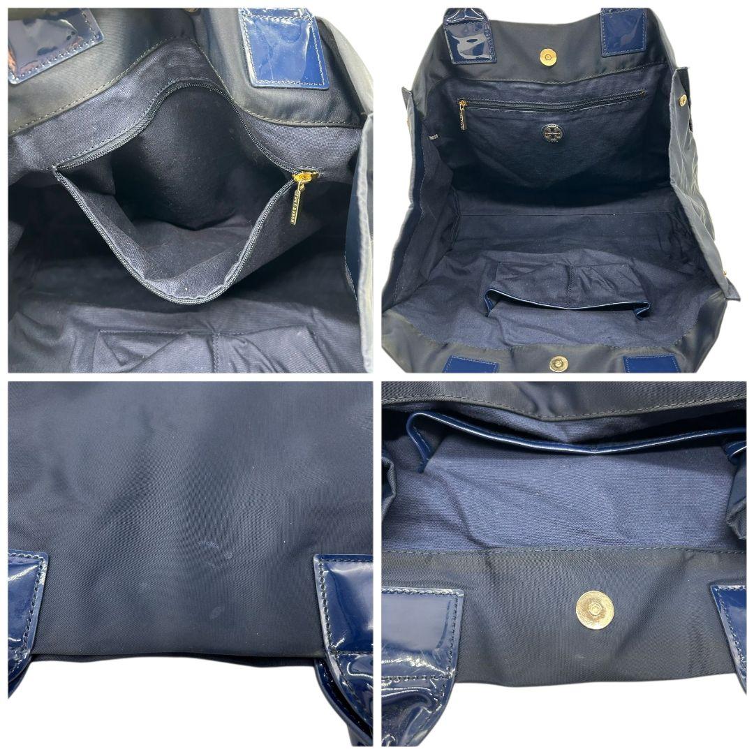 トリーバーチ トートバッグ 紺 デカロゴ A4収納 ワンショルダー H ハンドバッグ 肩掛け可 肩かけ可 ネイビー エナメル ナイロン TORY BURCH
