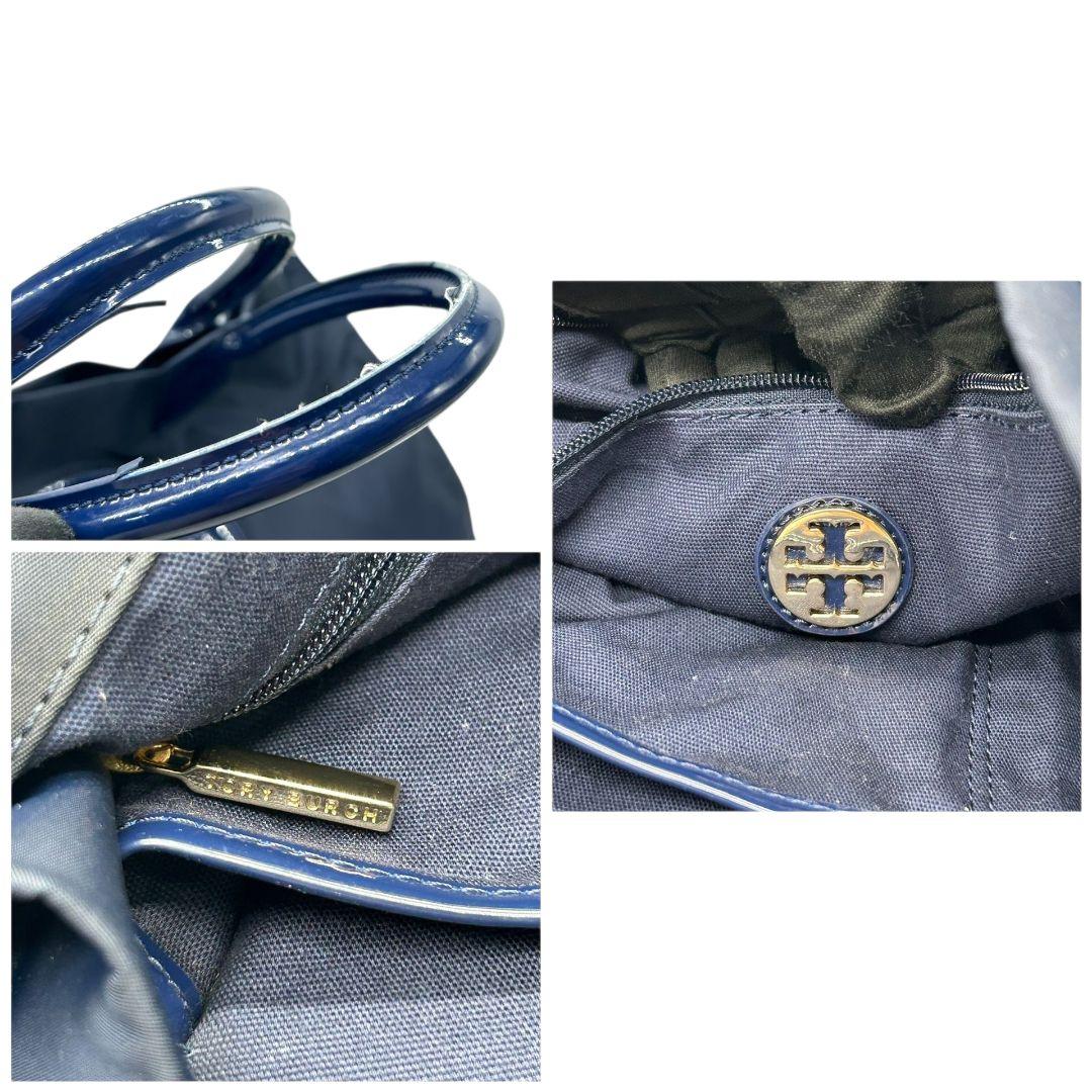 トリーバーチ トートバッグ 紺 デカロゴ A4収納 ワンショルダー H ハンドバッグ 肩掛け可 肩かけ可 ネイビー エナメル ナイロン TORY BURCH