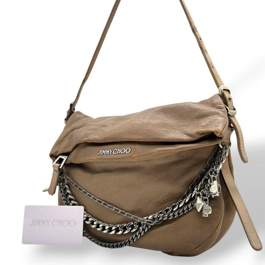 ジミーチュウ JIMMY CHOO ショルダーバッグ 茶 ブラウン レザー チェーン バイカー 斜め掛け可 本革 シルバー金具 ロゴ チャーム付き レディース　s4