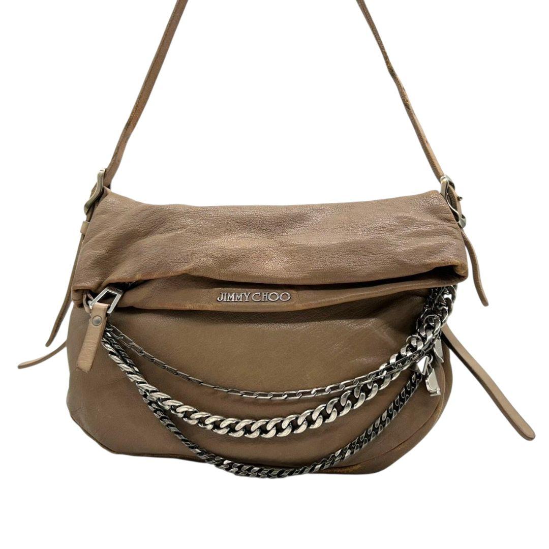 ジミーチュウ JIMMY CHOO ショルダーバッグ 茶 ブラウン レザー チェーン バイカー 斜め掛け可 本革 シルバー金具 ロゴ チャーム付き レディース　s4