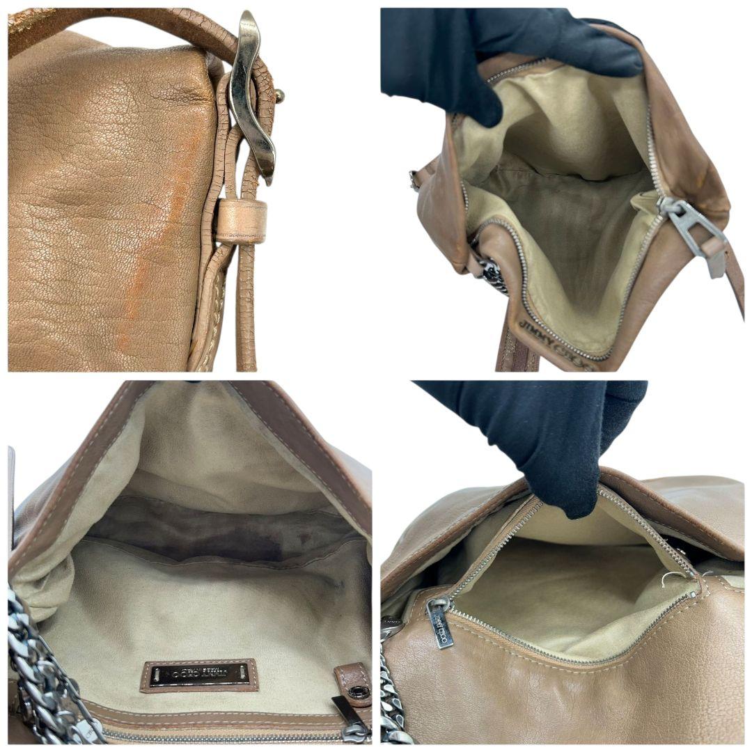 ジミーチュウ JIMMY CHOO ショルダーバッグ 茶 ブラウン レザー チェーン バイカー 斜め掛け可 本革 シルバー金具 ロゴ チャーム付き レディース　s4