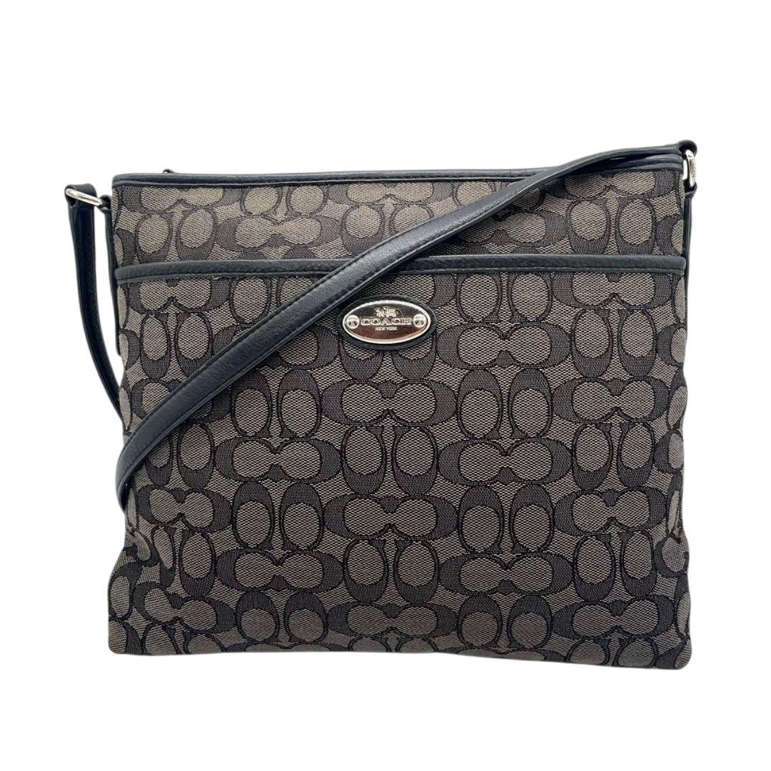 美品 コーチ ショルダーバッグ グレー シグネチャー 斜め掛け可 キャンバス s9 ロゴプレート シルバー金具 ブラック レザー 本革 COACH