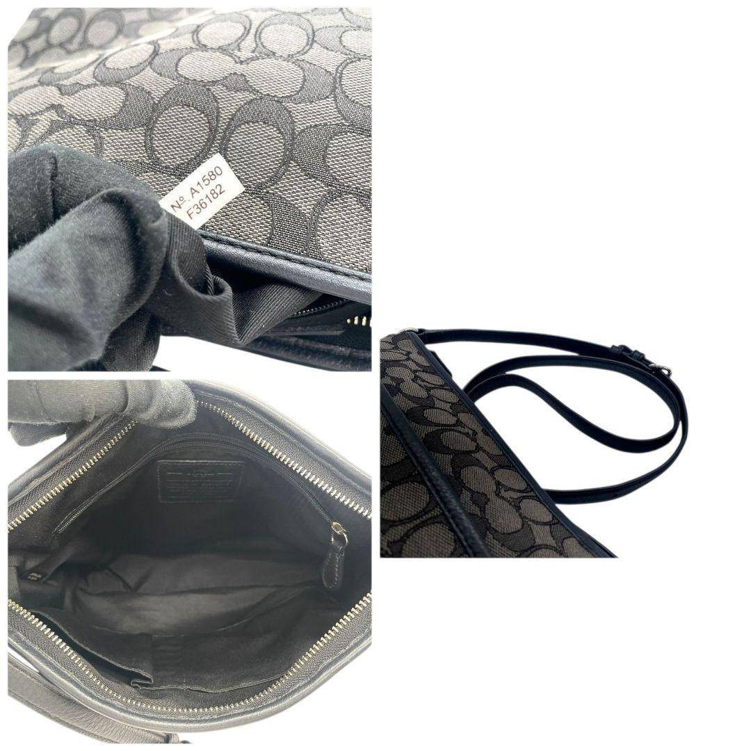 美品 コーチ ショルダーバッグ グレー シグネチャー 斜め掛け可 キャンバス s9 ロゴプレート シルバー金具 ブラック レザー 本革 COACH