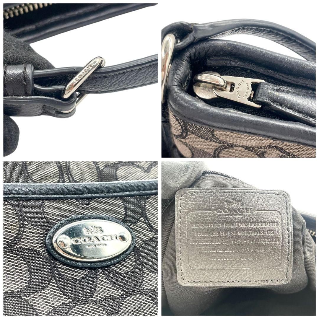 美品 コーチ ショルダーバッグ グレー シグネチャー 斜め掛け可 キャンバス s9 ロゴプレート シルバー金具 ブラック レザー 本革 COACH