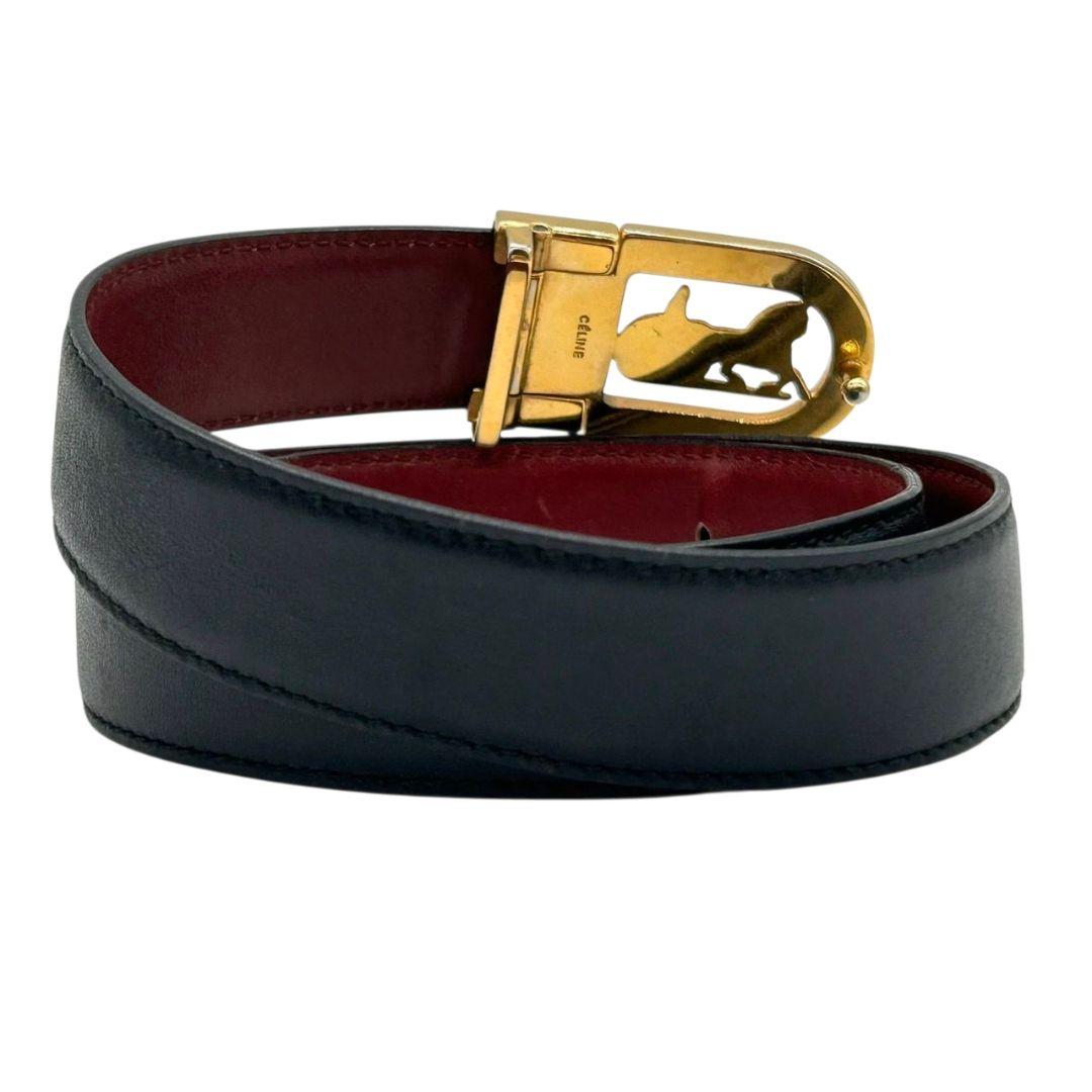 セリーヌ ベルト 黒 ブラック ワインレッド リバーシブル 馬車金具 ゴールド金具 ロゴ PX-2 レザー 本革 高級 ブランド レディース メンズ CELINE