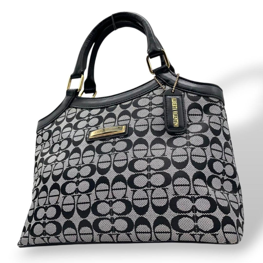 アルベルタヴァレンティノ ハンドバッグ グレー 総柄 キャンバス トートバッグ ワンショルダー 肩掛け可 ゴールド金具 ロゴプレート ロゴタグ 自立可 おしゃれ 通勤 通学