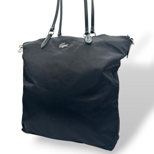 ラコステ トートバッグ 黒 ブラック ワニロゴ A4収納 ワンショルダー ナイロン ハンドバッグ 肩掛け可 シルバー金具 T7 LACOSTE 軽量 通勤 通学 おしゃれ