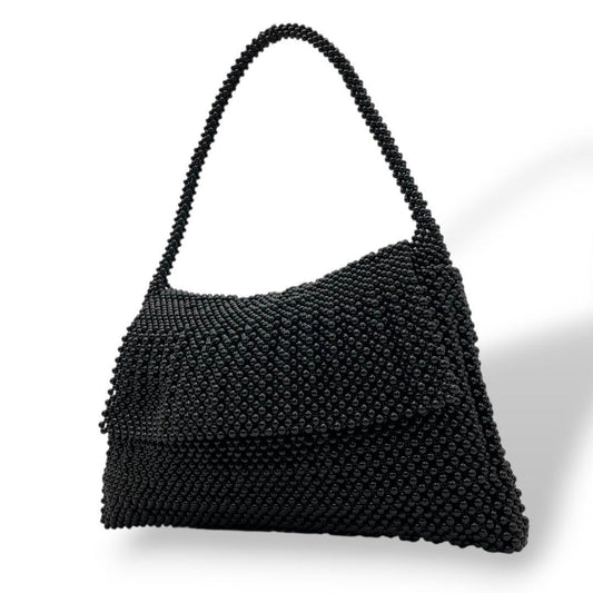 未使用級 ノーブランド ハンドバッグ ブラック 黒 黒珊瑚 本珊瑚 ビーズ フラップ 自立可 トートバッグ ワンショルダー 肩掛け可 肩かけ可 Q 上品 高級感 希少