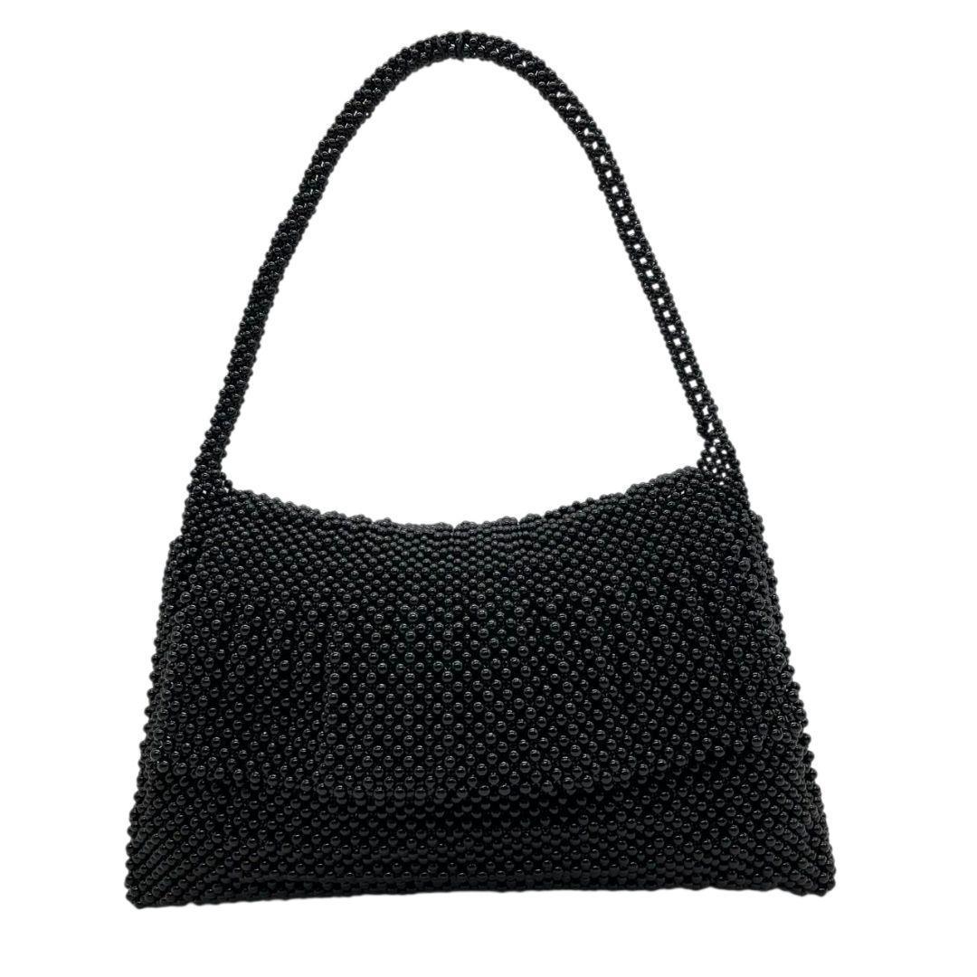 未使用級 ノーブランド ハンドバッグ ブラック 黒 黒珊瑚 本珊瑚 ビーズ フラップ 自立可 トートバッグ ワンショルダー 肩掛け可 肩かけ可 Q 上品 高級感 希少