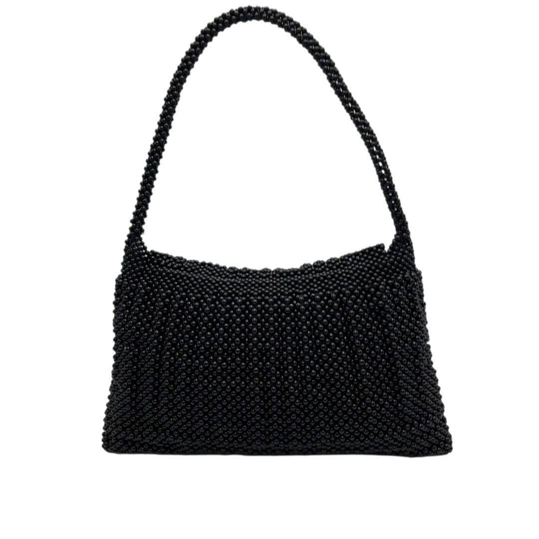 未使用級 ノーブランド ハンドバッグ ブラック 黒 黒珊瑚 本珊瑚 ビーズ フラップ 自立可 トートバッグ ワンショルダー 肩掛け可 肩かけ可 Q 上品 高級感 希少