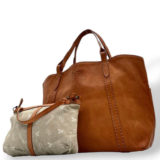 ゲンテン トートバッグ 茶 ポーチ付き A4収納 レザー 本革 ハンドバッグ ブラウン ワンショルダー バッグインバッグ 自立可 ロゴ genten s19 オシャレ 高級感