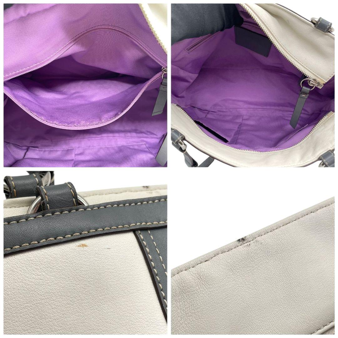 美品 コーチ トートバッグ 白 ギャザー ワンショルダー バイカラー レザー u7 ハンドバッグ 肩掛け可 肩かけ可 本革 ホワイト グレー シルバー金具 ロゴプレート COACH F13759