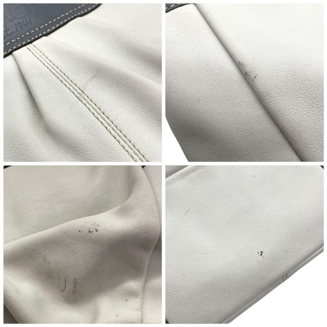 美品 コーチ トートバッグ 白 ギャザー ワンショルダー バイカラー レザー u7 ハンドバッグ 肩掛け可 肩かけ可 本革 ホワイト グレー シルバー金具 ロゴプレート COACH F13759