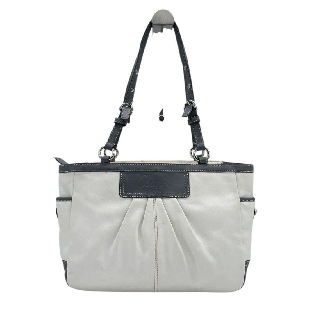 美品 コーチ トートバッグ 白 ギャザー ワンショルダー バイカラー レザー u7 ハンドバッグ 肩掛け可 肩かけ可 本革 ホワイト グレー シルバー金具 ロゴプレート COACH F13759