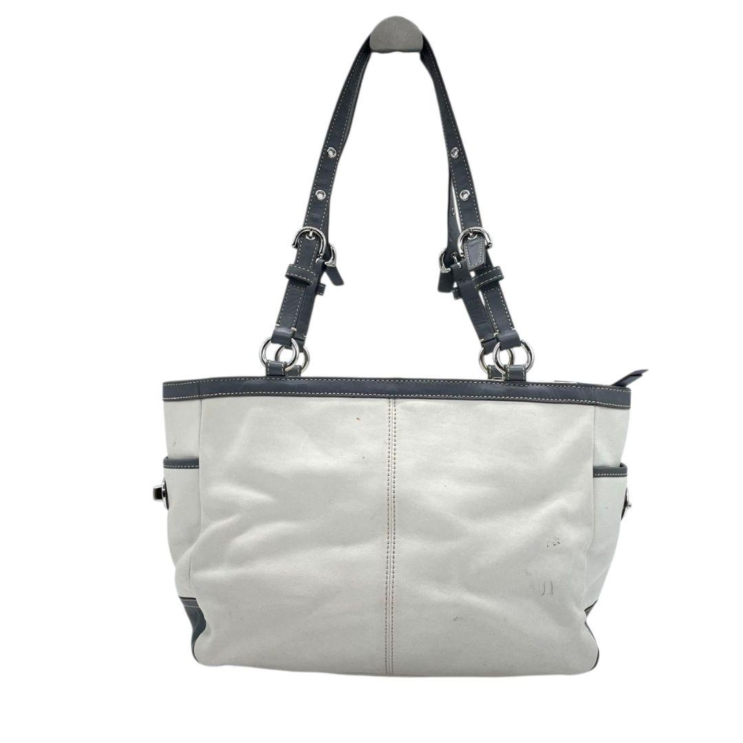 美品 コーチ トートバッグ 白 ギャザー ワンショルダー バイカラー レザー u7 ハンドバッグ 肩掛け可 肩かけ可 本革 ホワイト グレー シルバー金具 ロゴプレート COACH F13759