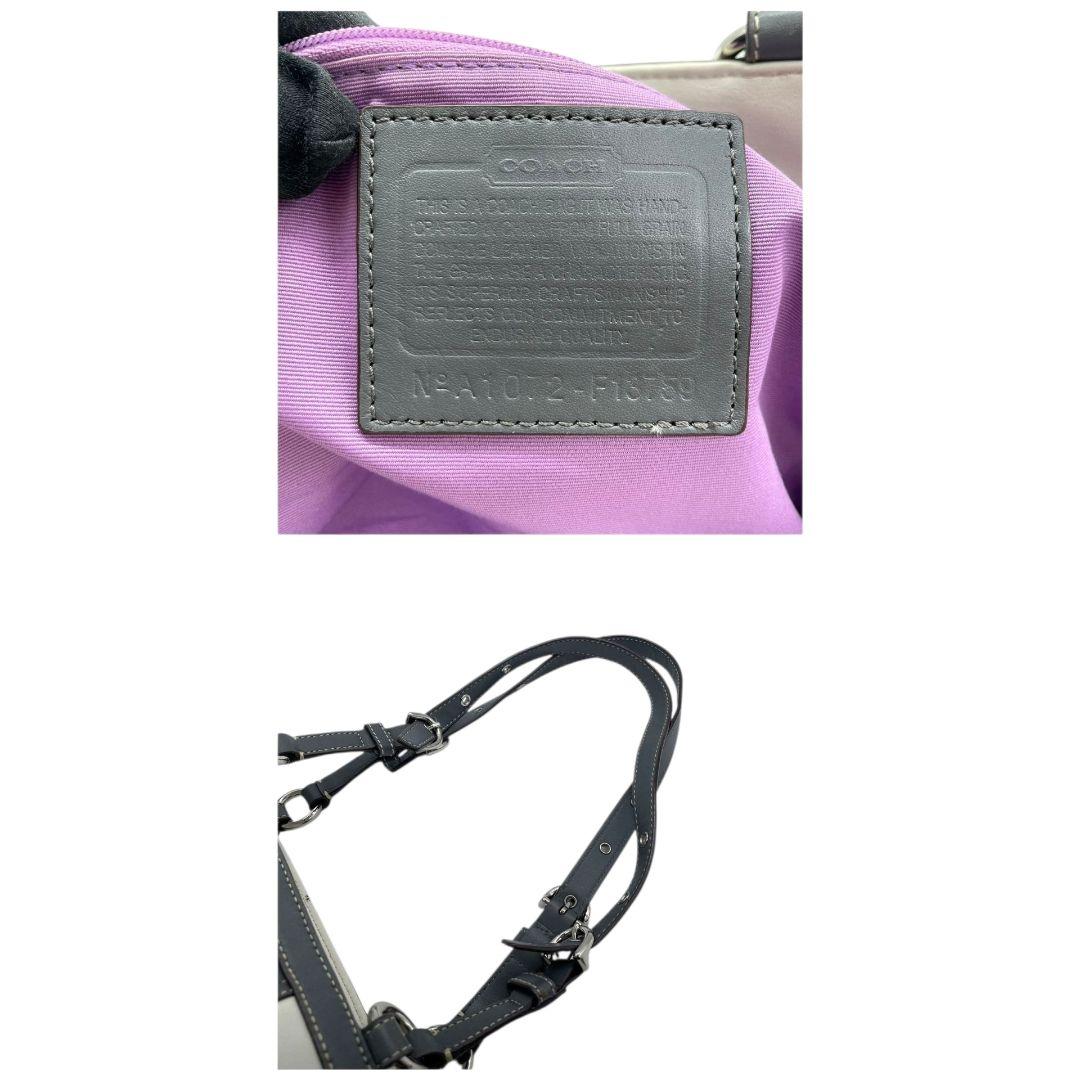 美品 コーチ トートバッグ 白 ギャザー ワンショルダー バイカラー レザー u7 ハンドバッグ 肩掛け可 肩かけ可 本革 ホワイト グレー シルバー金具 ロゴプレート COACH F13759