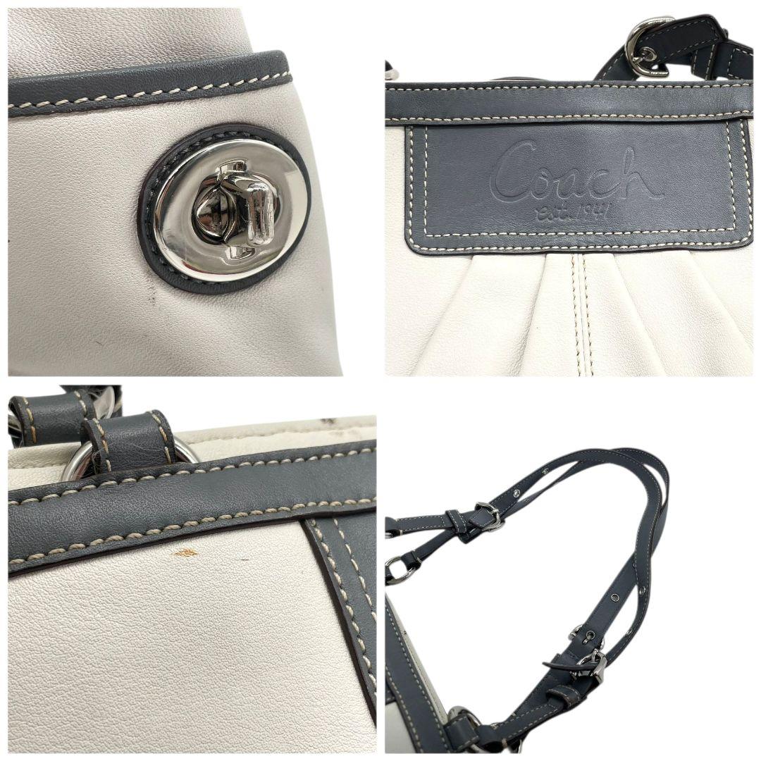 美品 コーチ トートバッグ 白 ギャザー ワンショルダー バイカラー レザー u7 ハンドバッグ 肩掛け可 肩かけ可 本革 ホワイト グレー シルバー金具 ロゴプレート COACH F13759