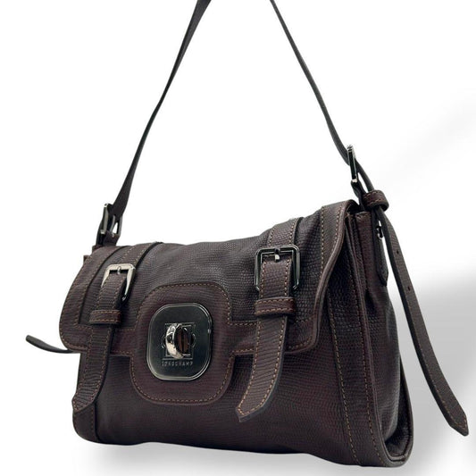 ロンシャン LONGCHAMP ショルダーバッグ 茶 ブラウン レザー フラップ ターンロック 斜め掛け可 シルバー金具 本革 ヴィンテージ E11