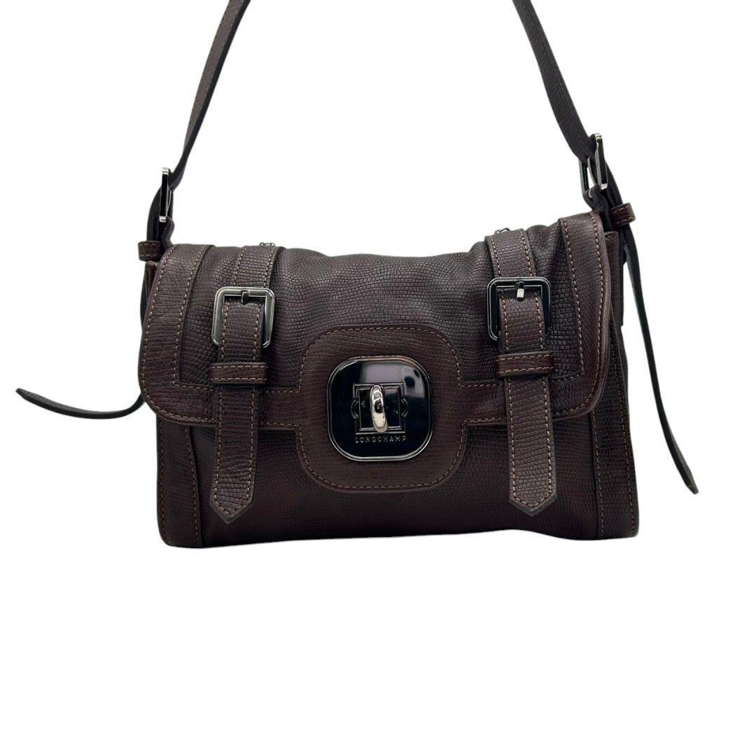 ロンシャン LONGCHAMP ショルダーバッグ 茶 ブラウン レザー フラップ ターンロック 斜め掛け可 シルバー金具 本革 ヴィンテージ E11