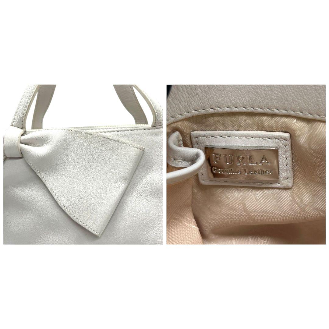 フルラ ハンドバッグ 白 ホワイト リボン トートバッグ レザー 本革 ロゴプレート シルバー金具 s62 FURLA ブランド レディース エレガント 上品