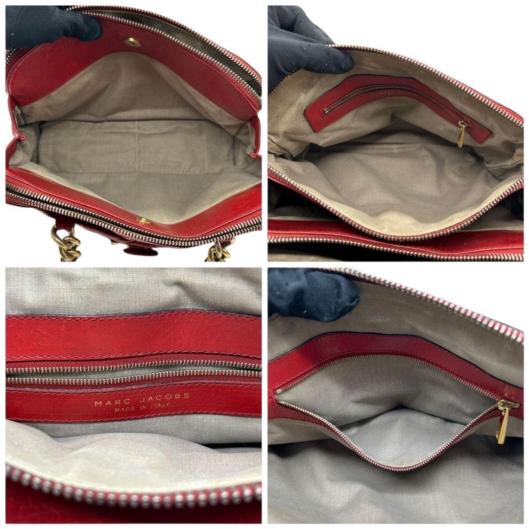 マークジェイコブス ハンドバッグ 赤 キルティング チェーン ロック金具 ワンショルダー レザー トートバッグ 肩掛け可 本革 レッド ゴールド金具 ロゴプレート MARC JACOBS