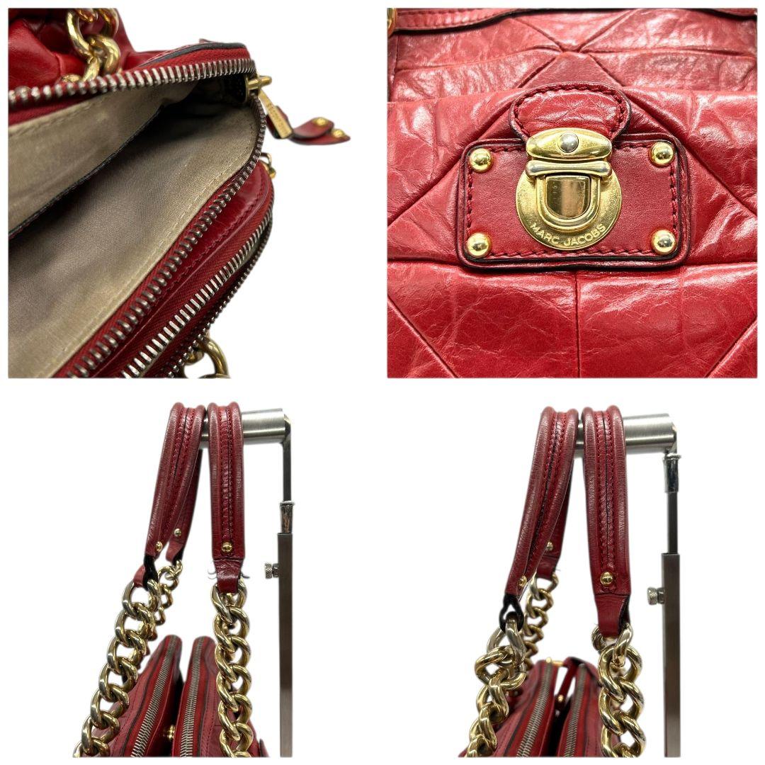 マークジェイコブス ハンドバッグ 赤 キルティング チェーン ロック金具 ワンショルダー レザー トートバッグ 肩掛け可 本革 レッド ゴールド金具 ロゴプレート MARC JACOBS