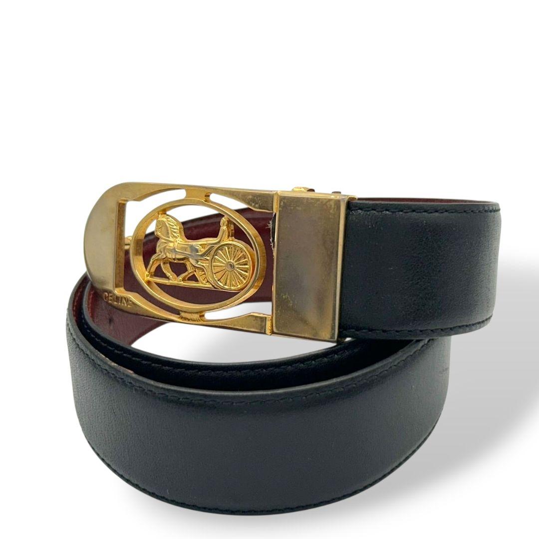 セリーヌ ベルト 黒 ブラック ワインレッド リバーシブル 馬車金具 ゴールド金具 ロゴ PX-2 レザー 本革 高級 ブランド CELINE