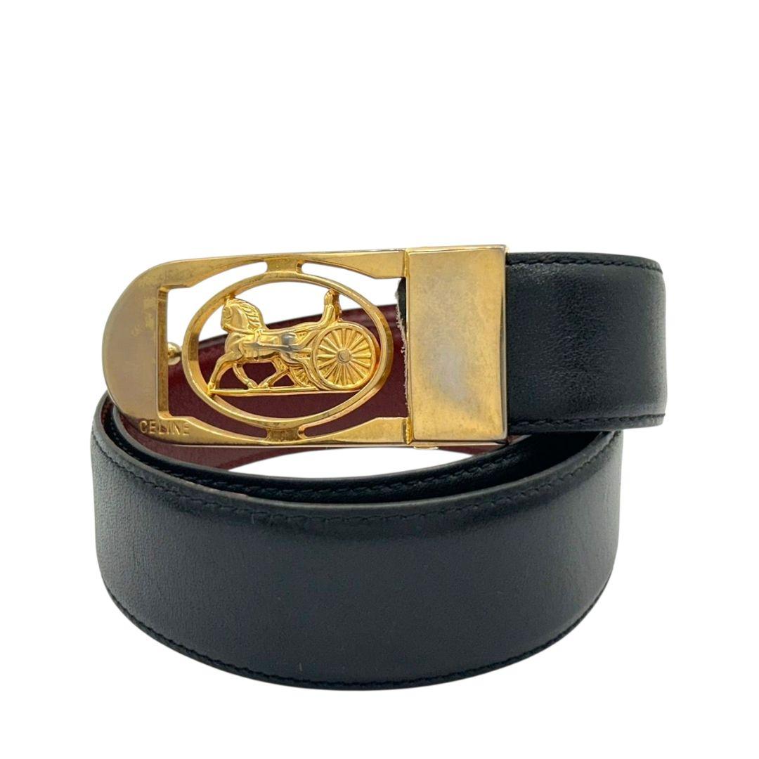 セリーヌ ベルト 黒 ブラック ワインレッド リバーシブル 馬車金具 ゴールド金具 ロゴ PX-2 レザー 本革 高級 ブランド CELINE