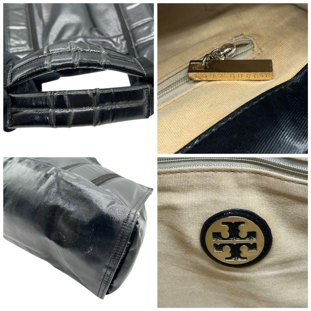 トリーバーチ トートバッグ 黒 ブラック デカロゴ A4収納 ナイロン エナメル ハンドバッグ 自立可 ゴールド金具 高級感 本物保証 鑑定済 オシャレ TORY BURCH E