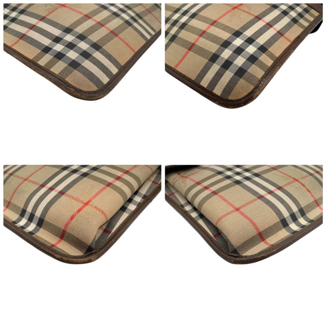 美品 バーバリー クラッチバッグ 茶 ベージュ ブラウン ノバチェック ホースロゴ レザー 本革 A4収納 セカンドバッグ ロゴタグ 本物保証 鑑定済 オシャレ Burberrys u10