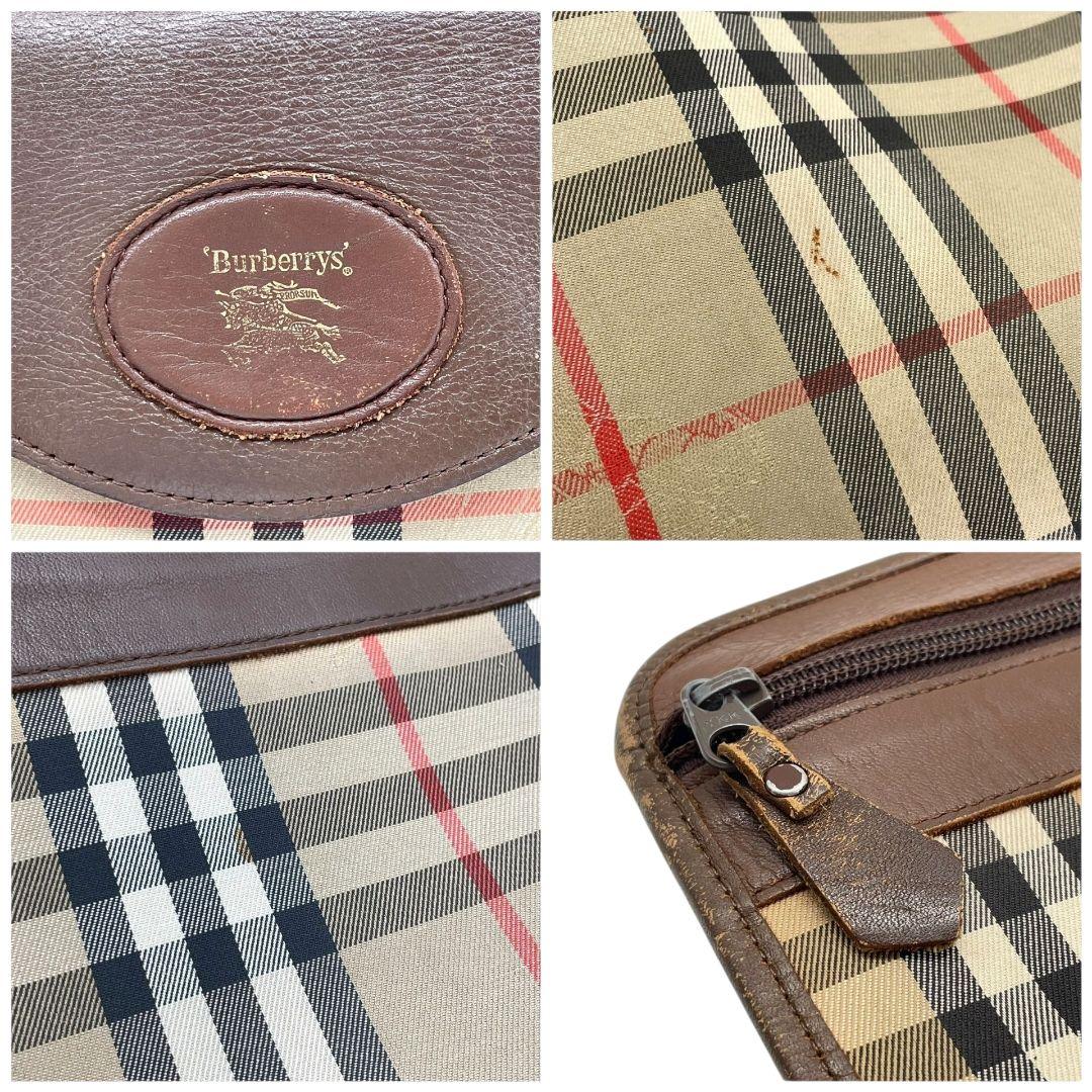 美品 バーバリー クラッチバッグ 茶 ベージュ ブラウン ノバチェック ホースロゴ レザー 本革 A4収納 セカンドバッグ ロゴタグ 本物保証 鑑定済 オシャレ Burberrys u10