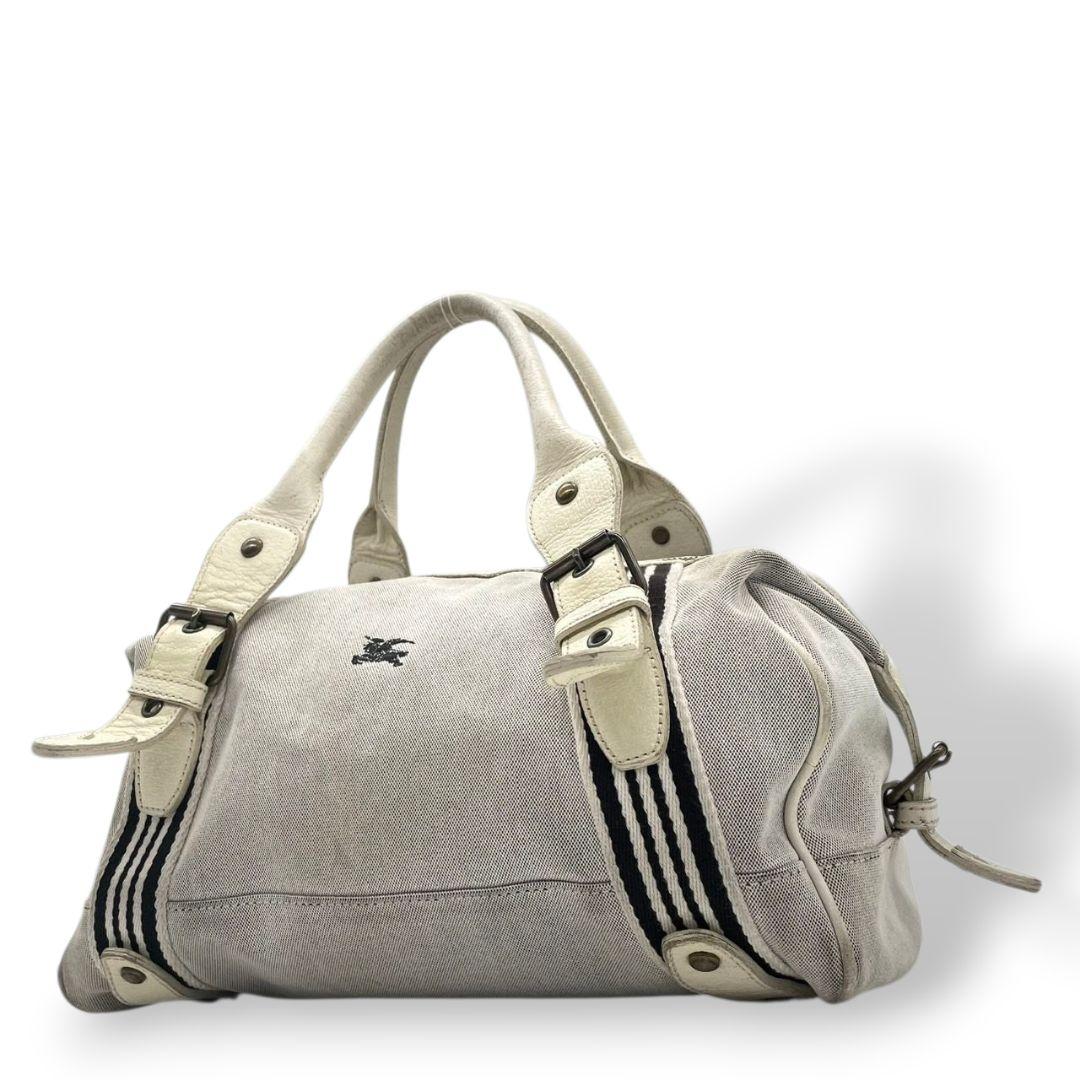 BURBERRY BLUE LABEL バーバリーブルーレーベル ミニボストン グレー ストライプ ホースロゴ レザー×キャンバス 自立可 ワンショルダー 肩掛け可 ハンドバッグ トート u17