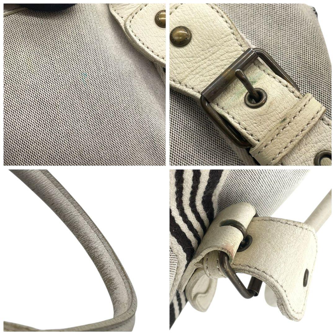 BURBERRY BLUE LABEL バーバリーブルーレーベル ミニボストン グレー ストライプ ホースロゴ レザー×キャンバス 自立可 ワンショルダー 肩掛け可 ハンドバッグ トート u17