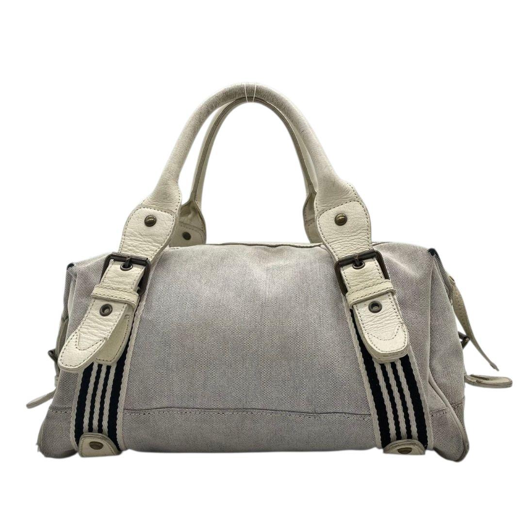 BURBERRY BLUE LABEL バーバリーブルーレーベル ミニボストン グレー ストライプ ホースロゴ レザー×キャンバス 自立可 ワンショルダー 肩掛け可 ハンドバッグ トート u17