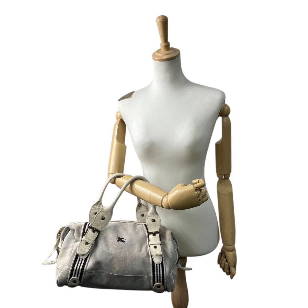 BURBERRY BLUE LABEL バーバリーブルーレーベル ミニボストン グレー ストライプ ホースロゴ レザー×キャンバス 自立可 ワンショルダー 肩掛け可 ハンドバッグ トート u17