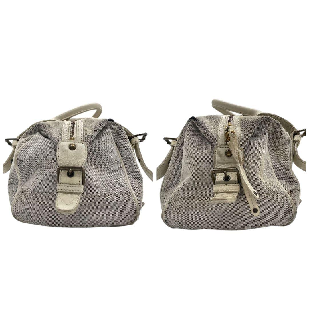 BURBERRY BLUE LABEL バーバリーブルーレーベル ミニボストン グレー ストライプ ホースロゴ レザー×キャンバス 自立可 ワンショルダー 肩掛け可 ハンドバッグ トート u17