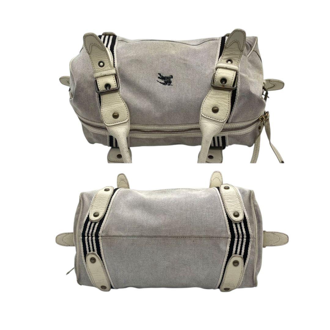 BURBERRY BLUE LABEL バーバリーブルーレーベル ミニボストン グレー ストライプ ホースロゴ レザー×キャンバス 自立可 ワンショルダー 肩掛け可 ハンドバッグ トート u17