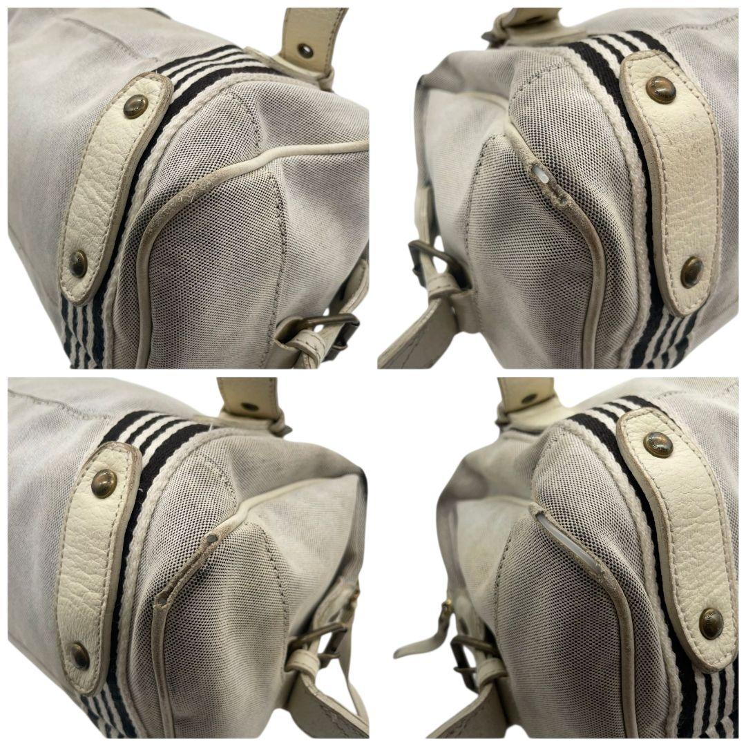 BURBERRY BLUE LABEL バーバリーブルーレーベル ミニボストン グレー ストライプ ホースロゴ レザー×キャンバス 自立可 ワンショルダー 肩掛け可 ハンドバッグ トート u17