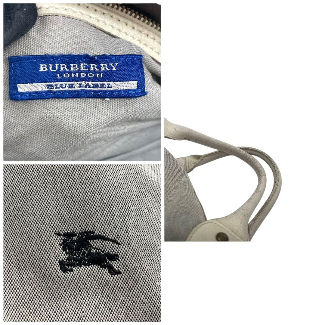 BURBERRY BLUE LABEL バーバリーブルーレーベル ミニボストン グレー ストライプ ホースロゴ レザー×キャンバス 自立可 ワンショルダー 肩掛け可 ハンドバッグ トート u17