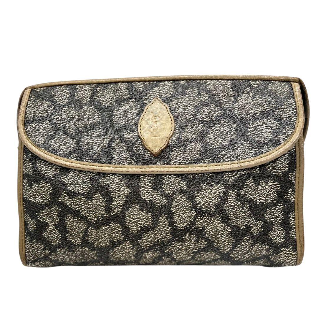 イヴサンローラン ポーチ 茶 総柄 YSLロゴ セカンドバッグ PVC s48 クラッチバッグ YVES SAINT LAURENT レザー 本革 ゴールド金具 ロゴプレート ブラウン ベージュ ヴィンテージ