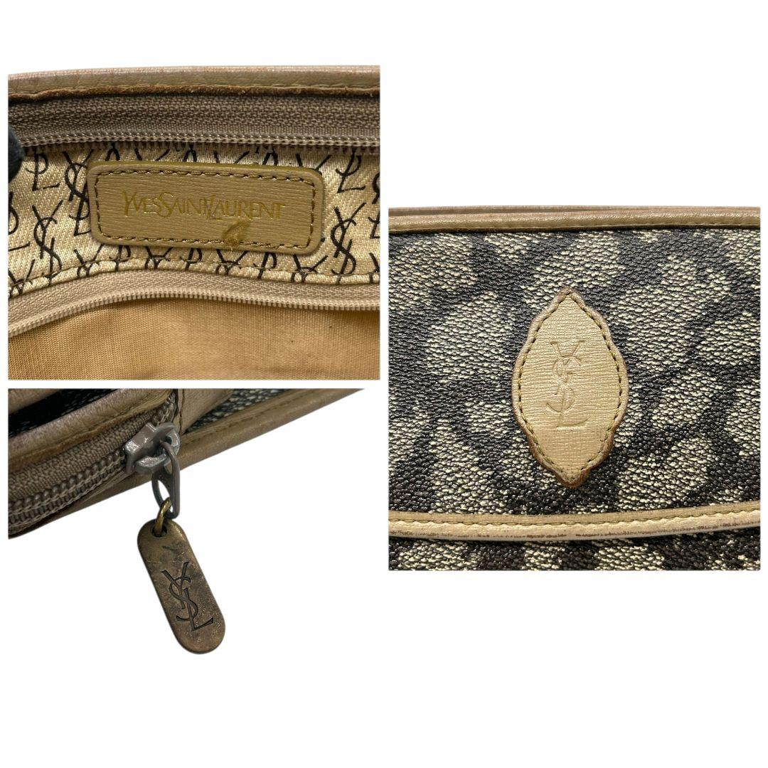 イヴサンローラン ポーチ 茶 総柄 YSLロゴ セカンドバッグ PVC s48 クラッチバッグ YVES SAINT LAURENT レザー 本革 ゴールド金具 ロゴプレート ブラウン ベージュ ヴィンテージ