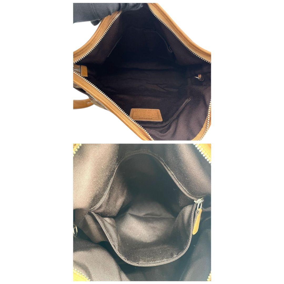 美品　コーチ　ショルダーバッグ　茶　シグネチャー　キャンバス　レザー　T6　斜め掛け可　本革　ブラウン　シルバー金具　ロゴタグ　COACH　3593