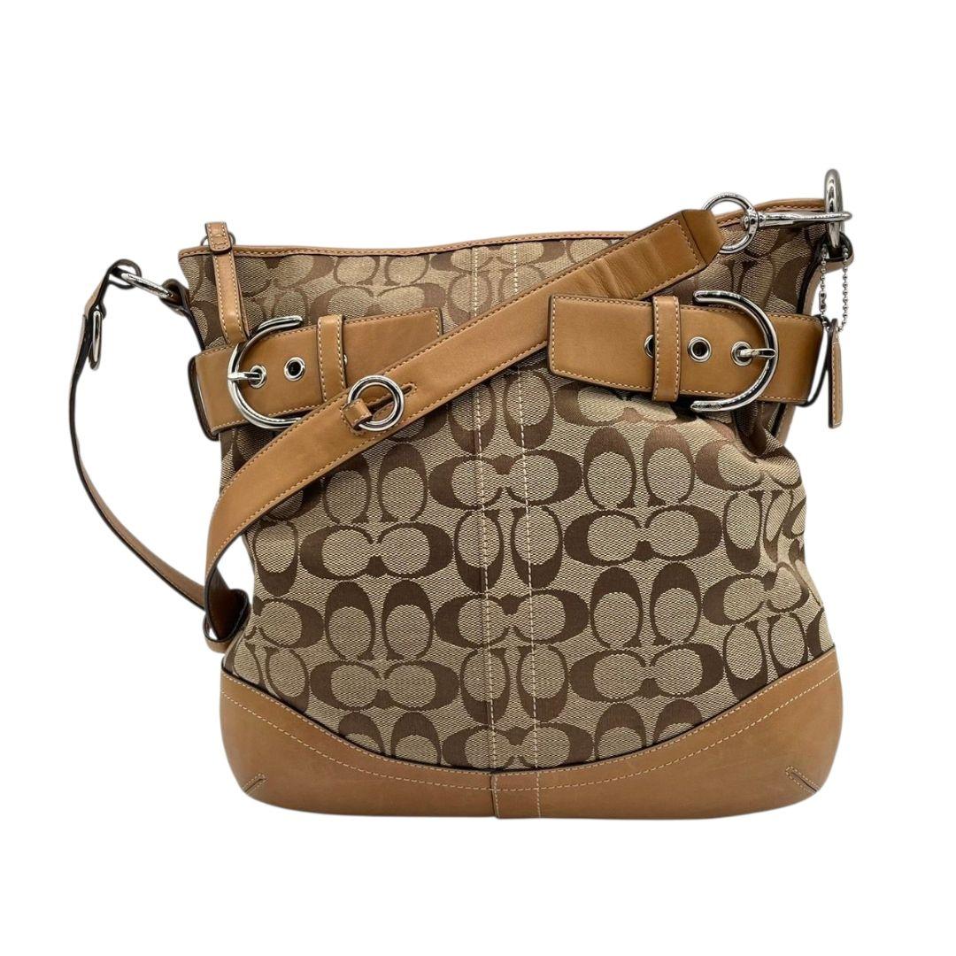 美品　コーチ　ショルダーバッグ　茶　シグネチャー　キャンバス　レザー　T6　斜め掛け可　本革　ブラウン　シルバー金具　ロゴタグ　COACH　3593