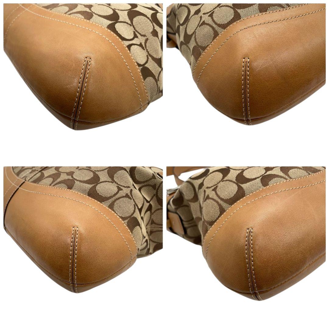 美品　コーチ　ショルダーバッグ　茶　シグネチャー　キャンバス　レザー　T6　斜め掛け可　本革　ブラウン　シルバー金具　ロゴタグ　COACH　3593