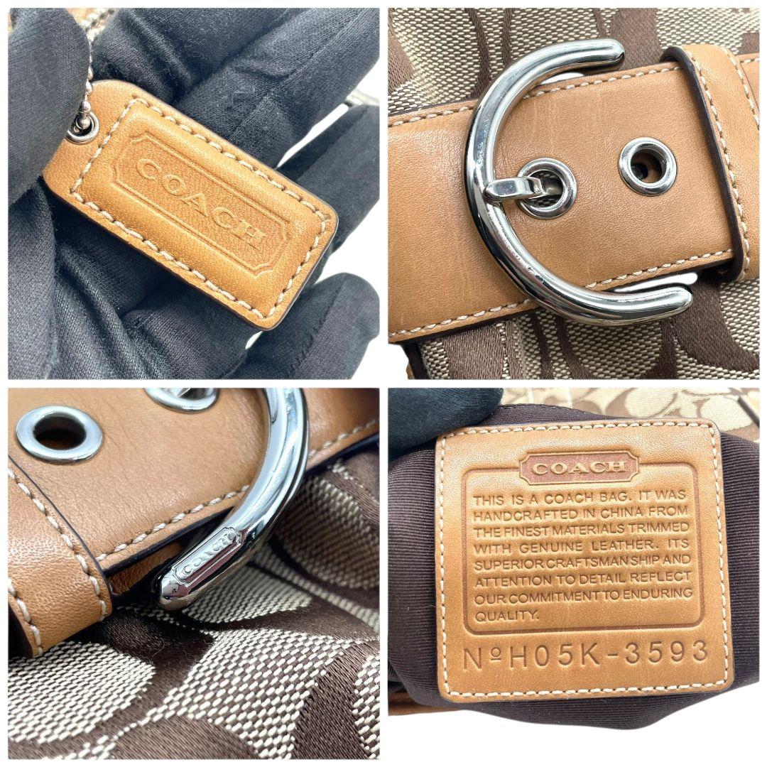 美品　コーチ　ショルダーバッグ　茶　シグネチャー　キャンバス　レザー　T6　斜め掛け可　本革　ブラウン　シルバー金具　ロゴタグ　COACH　3593