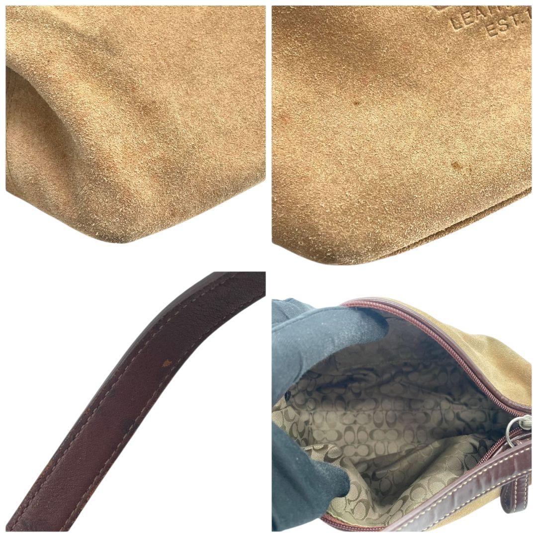 コーチ　ハンドバッグ　ベージュ　スウェード　レザー　本革　ロゴ　ブラウン　ミニバッグ　トートバッグ　ショルダー可　上品デザイン　COACH　s15