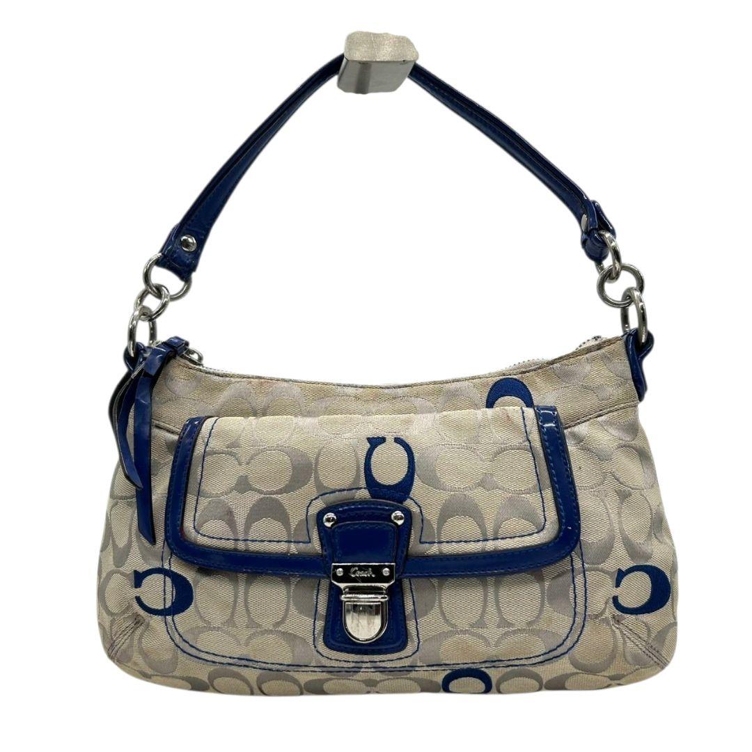 コーチ ハンドバッグ 白 シグネチャー キャンバス ロック金具 ワンショルダー トートバッグ 肩掛け可 肩かけ可 レザー 本革 ホワイト ネイビー COACH F21623 s20 上品