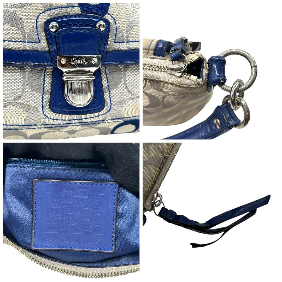 コーチ ハンドバッグ 白 シグネチャー キャンバス ロック金具 ワンショルダー トートバッグ 肩掛け可 肩かけ可 レザー 本革 ホワイト ネイビー COACH F21623 s20 上品