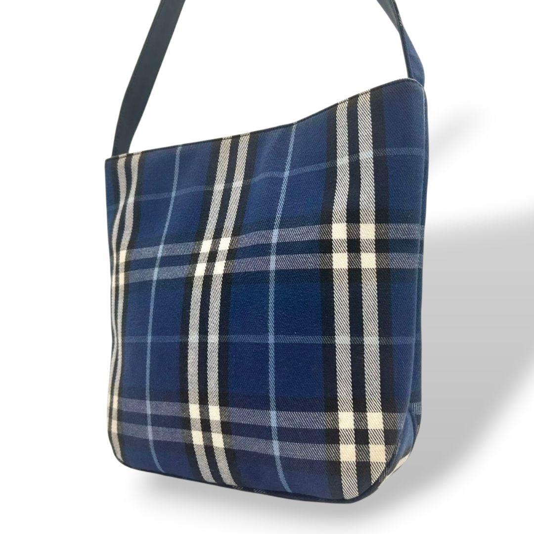 バーバリー チェック柄 キャンバス ショルダーバッグ ブルー ネイビー ホースロゴ ワンショルダー トートバッグ ハンドバッグ 総柄