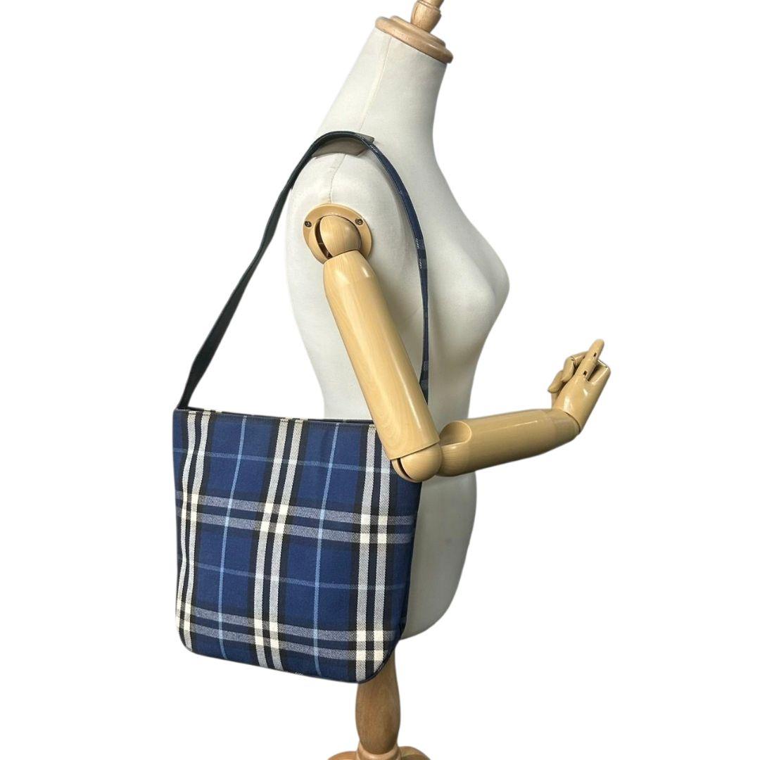 バーバリー チェック柄 キャンバス ショルダーバッグ ブルー ネイビー ホースロゴ ワンショルダー トートバッグ ハンドバッグ 総柄